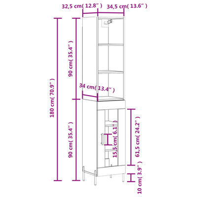 vidaXL Highboard High Gloss White 34.5x34x180 cm Engineered Wood