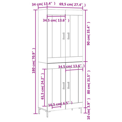 vidaXL Highboard Concrete Grey 69.5x34x180 cm Engineered Wood