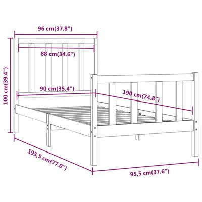 vidaXL Bed Frame without Mattress Black 90x190 cm Single Solid Wood