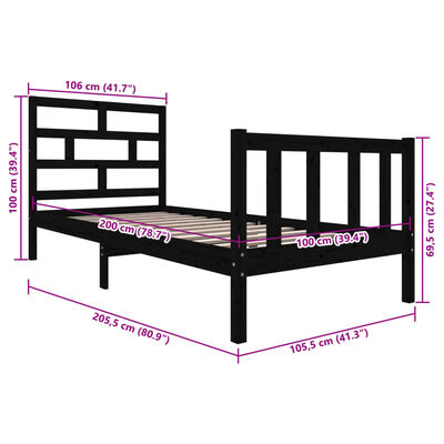 vidaXL Bed Frame without Mattress Black Solid Wood 100x200 cm (810076+814183)