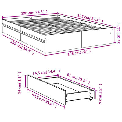 vidaXL Bed Frame with Drawers without Mattress Grey Sonoma 135x190 cm Double