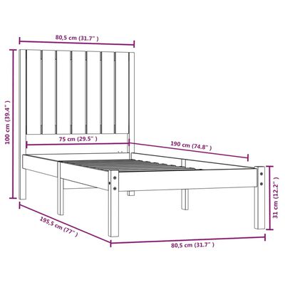 vidaXL Bed Frame without Mattress Honey Brown 75x190 cm Small Single Solid Wood