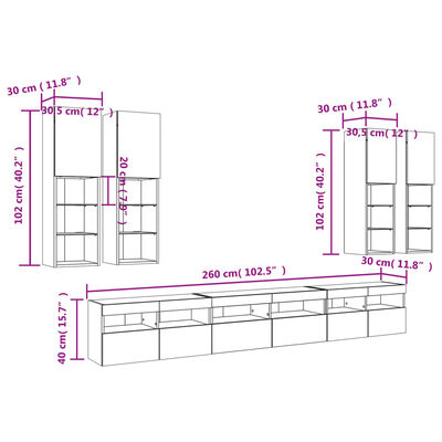 vidaXL 7 Piece TV Wall Cabinet Set with LED Lights Smoked Oak