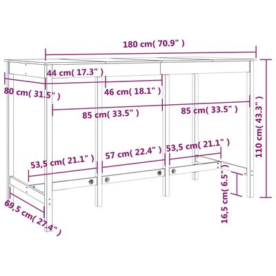 vidaXL Bar Table White 180x80x110 cm Solid Wood Pine