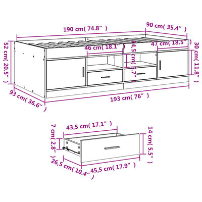 vidaXL Daybed with Drawers without Mattress Brown Oak 90x190 cm Single