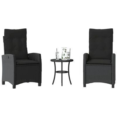 vidaXL 3 Piece Bistro Set with Cushions Black Poly Rattan