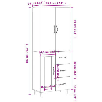 vidaXL Highboard White 69.5x34x180 cm Engineered Wood