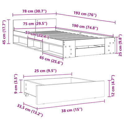 vidaXL Bed Frame with Drawer without Mattress Black 75x190 cm Small Single