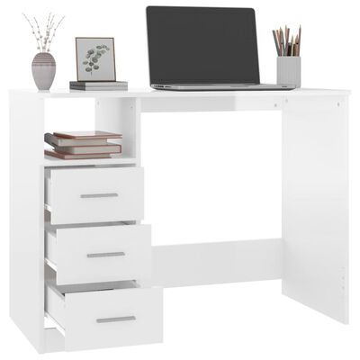 vidaXL Desk with Drawers High Gloss White 102x50x76 cm Engineered Wood