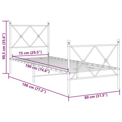 vidaXL Metal Bed Frame without Mattress with Footboard White 75x190 cm Small Single