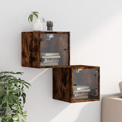 vidaXL Bedside Cabinets with Glass Doors 2 pcs Smoked Oak 35x37x35 cm