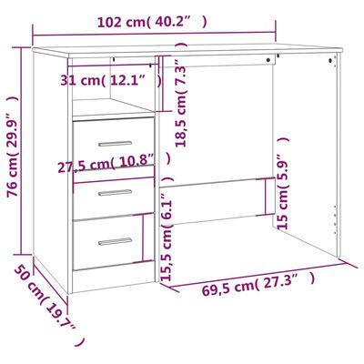 vidaXL Desk with Drawers High Gloss White 102x50x76 cm Engineered Wood