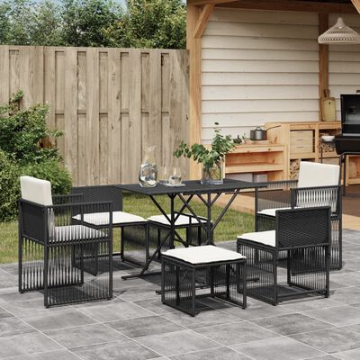 vidaXL 7 Piece Garden Dining Set with Cushions Black Poly Rattan