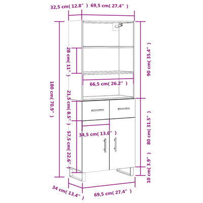 vidaXL Highboard Grey Sonoma 69.5x34x180 cm Engineered Wood