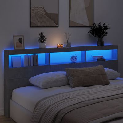 vidaXL Headboard Cabinet with LED Concrete Grey 220x17x102 cm