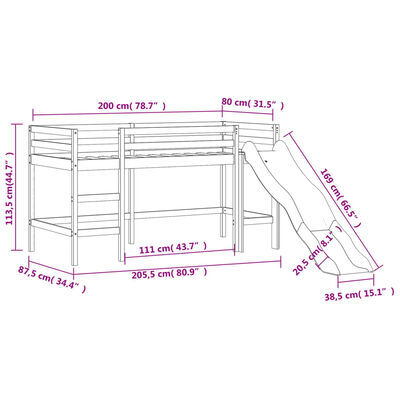 vidaXL Kids' Loft Bed with Tower without Mattress Pink 80x200 cm