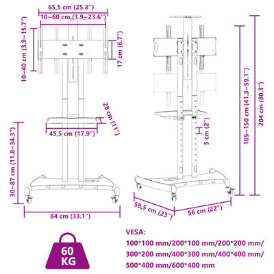 vidaXL TV Stand on Wheels 32-70 Inch Screen Max VESA 600x400 mm 60kg