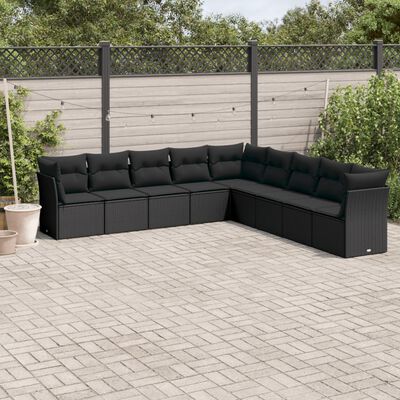 vidaXL 9 Piece Garden Sofa Set with Cushions Black Poly Rattan