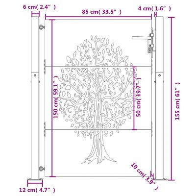 vidaXL Garden Gate 105x155 cm Corten Steel Tree Design