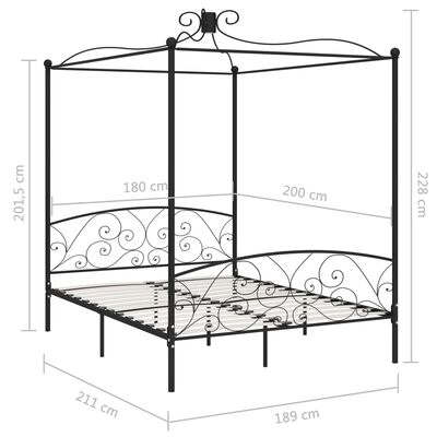 vidaXL Canopy Bed Frame without Mattress Black Metal 180x200 cm Super King