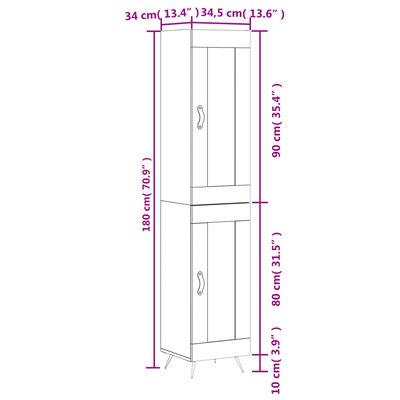 vidaXL Highboard High Gloss White 34.5x34x180 cm Engineered Wood