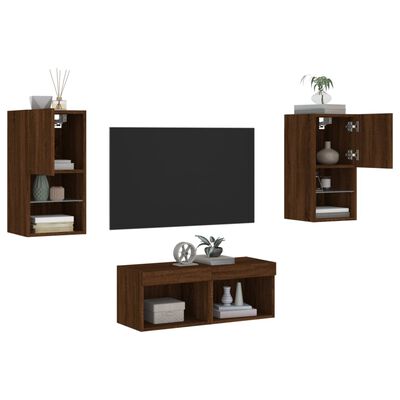 vidaXL 4 Piece TV Wall Cabinets with LED Lights Brown Oak