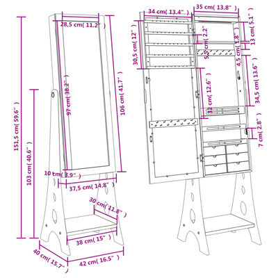 vidaXL Mirror Jewellery Cabinet with LED Lights Free Standing White