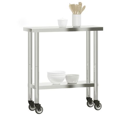 vidaXL Kitchen Work Table with Wheels 82.5x30x85 cm Stainless Steel