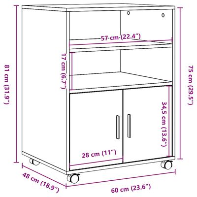 vidaXL Rolling Cabinet Sonoma Oak 60x48x81 cm Engineered Wood