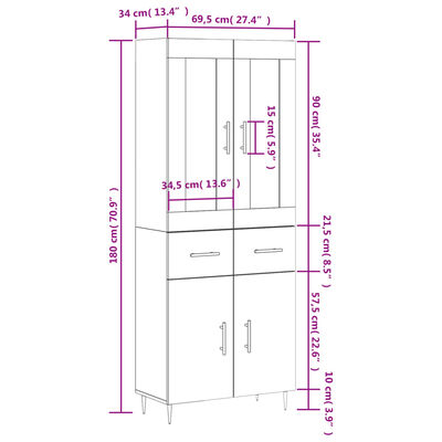 vidaXL Highboard High Gloss White 69.5x34x180 cm Engineered Wood