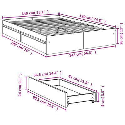 vidaXL Bed Frame with Drawers without Mattress Grey Sonoma 140x190 cm