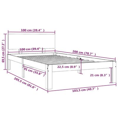 vidaXL Bed Frame without Mattress Grey Solid Wood Pine 100x200 cm