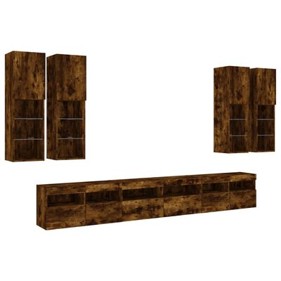 vidaXL 7 Piece TV Wall Cabinet Set with LED Lights Smoked Oak