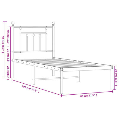 vidaXL Metal Bed Frame without Mattress with Headboard Black 75x190 cm Small Single