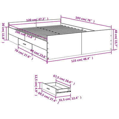 vidaXL Bed Frame with Drawers without Mattress Sonoma Oak 120x190 cm Small Double