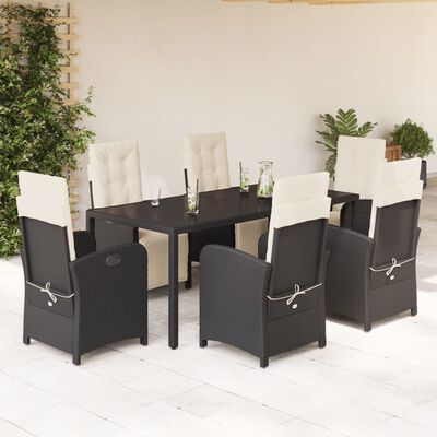 vidaXL 7 Piece Garden Dining Set with Cushions Black Poly Rattan