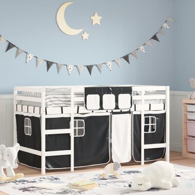 vidaXL Kids' Loft Bed with Curtains without Mattress White&Black 90x190 cm Single