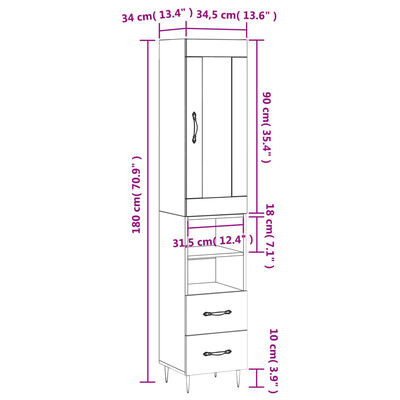 vidaXL Highboard White 34.5x34x180 cm Engineered Wood