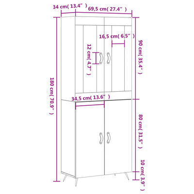 vidaXL Highboard Brown Oak 69.5x34x180 cm Engineered Wood