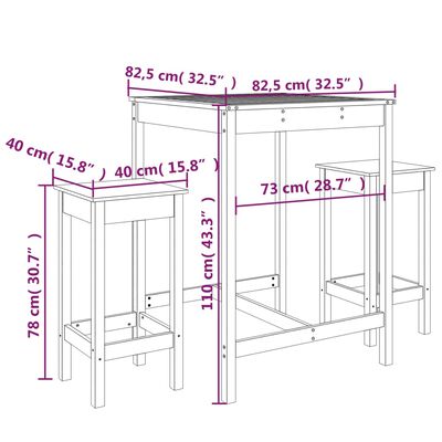 vidaXL 3 Piece Garden Bar Set Grey Solid Wood Pine