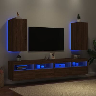 vidaXL TV Wall Cabinets with LED Lights 2 pcs Brown Oak 30.5x35x70 cm