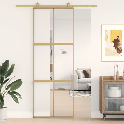 vidaXL Sliding Door Gold 76x205 cm Clear ESG Glass and Aluminium