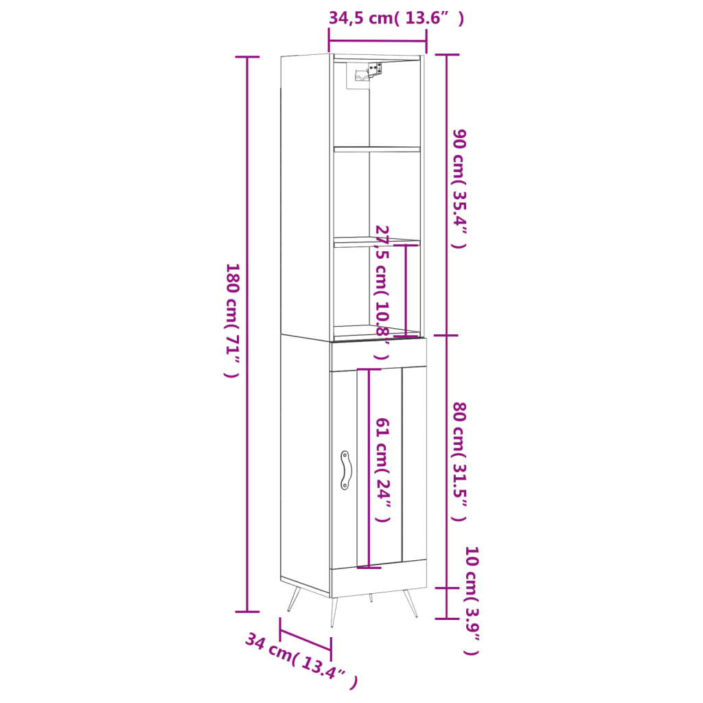 vidaXL Highboard Smoked Oak 34.5x34x180 cm Engineered Wood