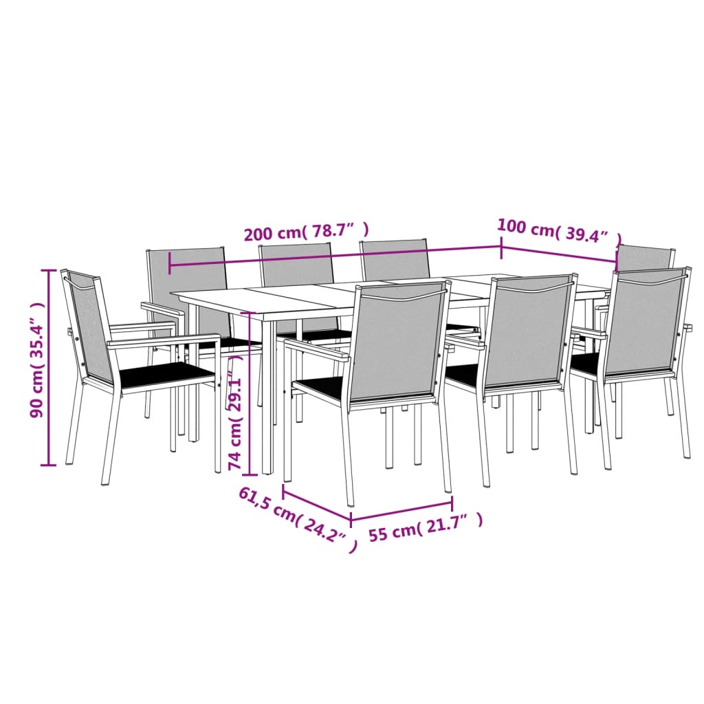 vidaXL 9 Piece Garden Dining Set Black Textilene and Steel