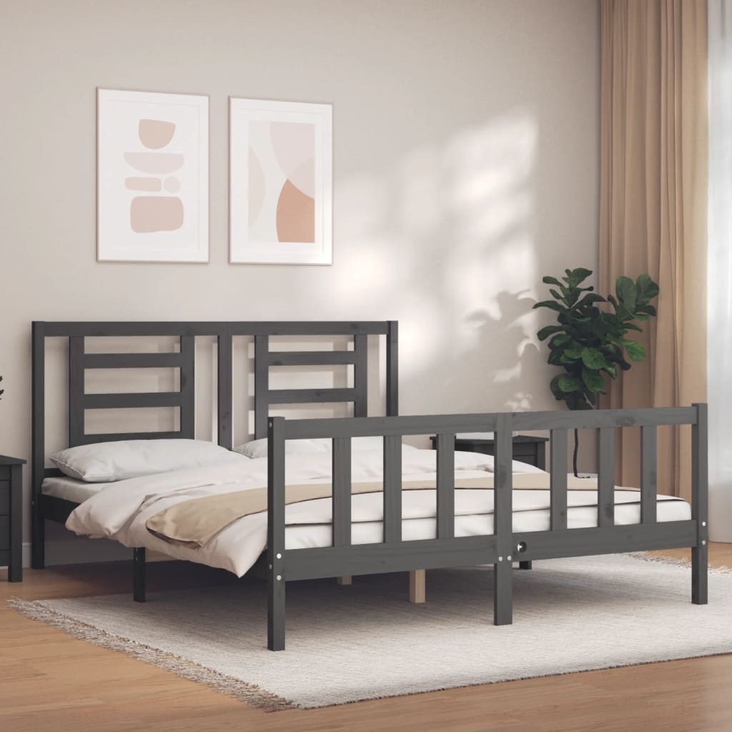 vidaXL Bed Frame without Mattress Grey King Size Solid Wood Pine