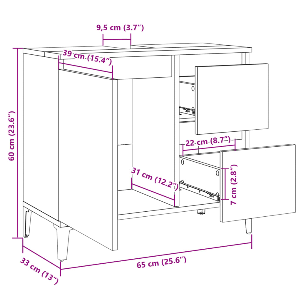 vidaXL Bathroom Cabinet Sonoma Oak 65x33x60 cm Engineered Wood