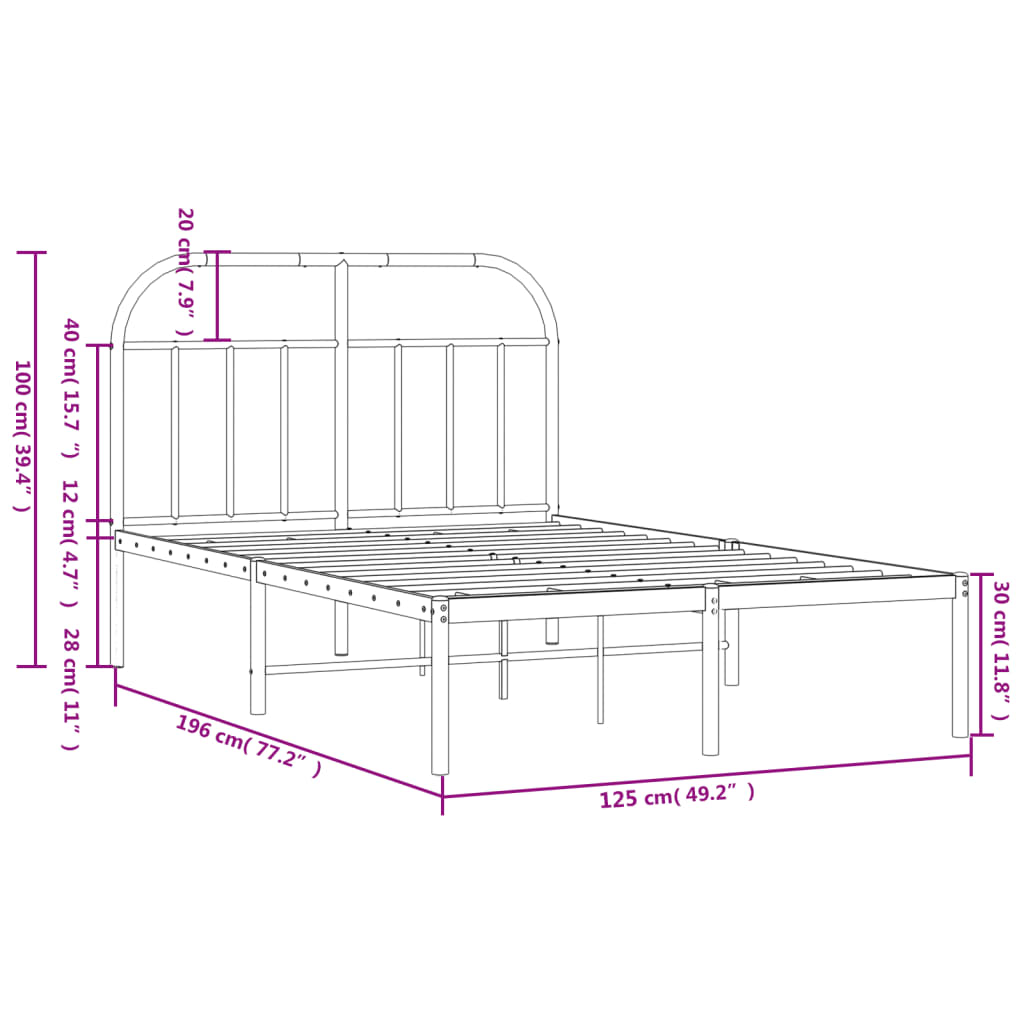 vidaXL Metal Bed Frame without Mattress with Headboard Black 120x190 cm Small Double