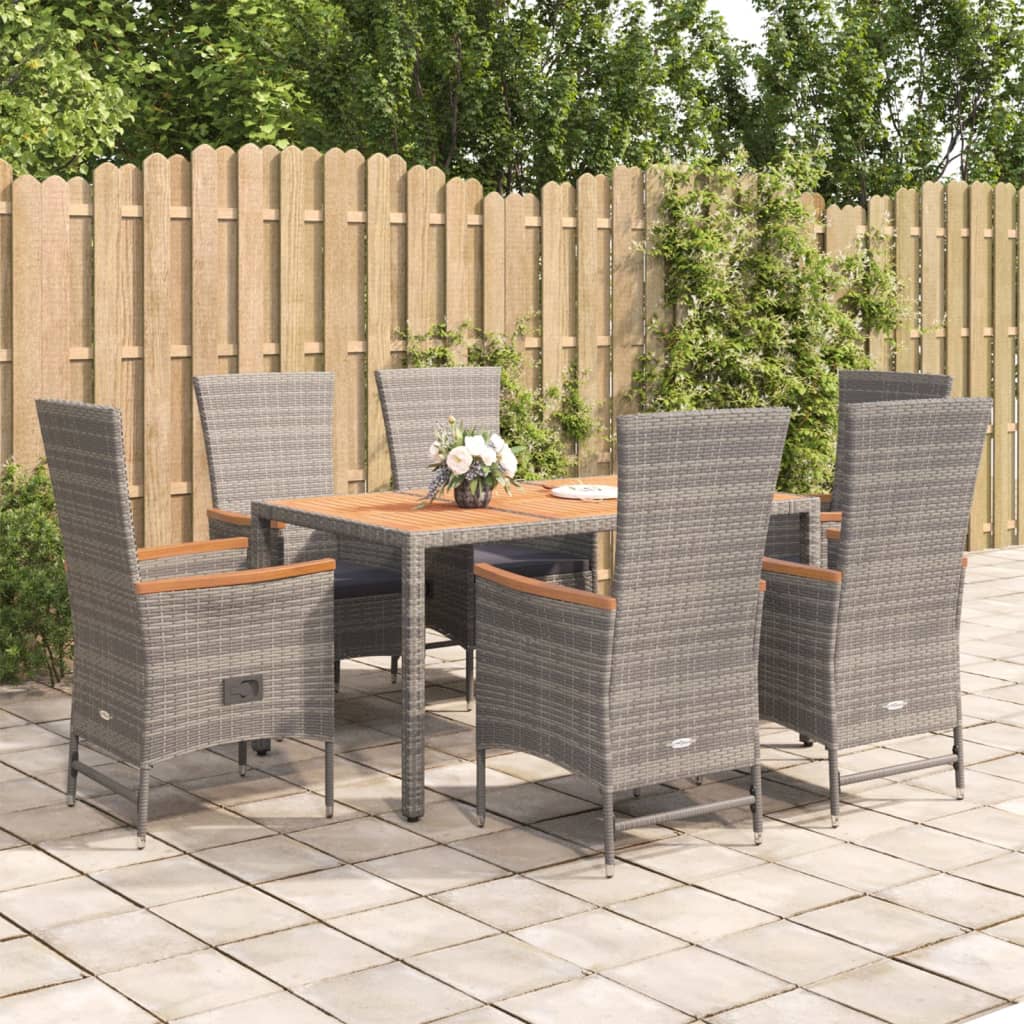 vidaXL 7 Piece Garden Dining Set Grey Poly Rattan&Solid Wood Acacia