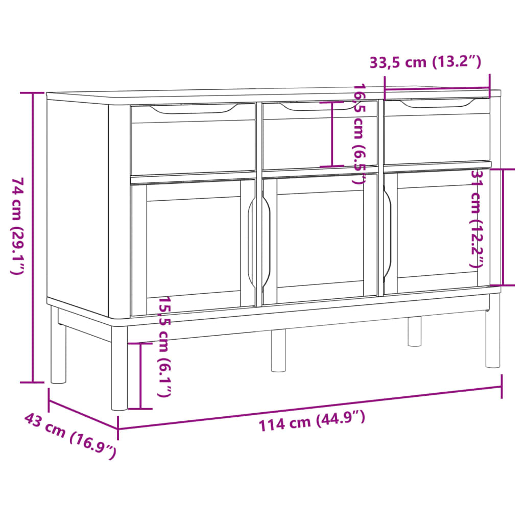 vidaXL Sideboard FLORO White 114x43x74 cm Solid Wood Pine