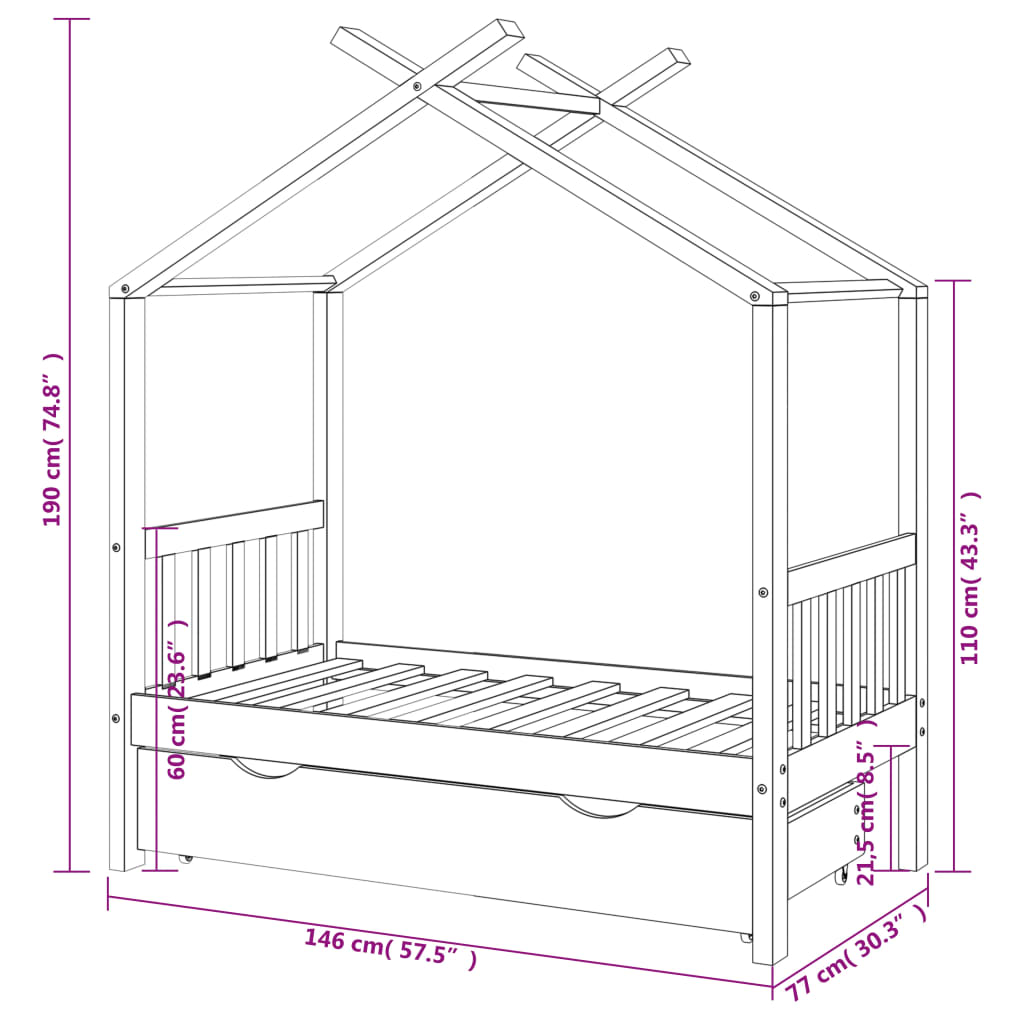 vidaXL Kids Bed Frame with a Drawer White Solid Pine Wood 70x140 cm